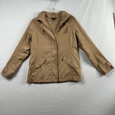 Lands End Jacket size 6-8 Removable Hood tan Rain Windbreaker Pockets button zip