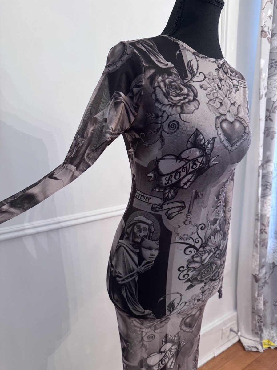Boohoo Kourtney Kardashian Barker Tattoo Mesh Maxi Dress 8 Grunge Sheer NWT  | eBay