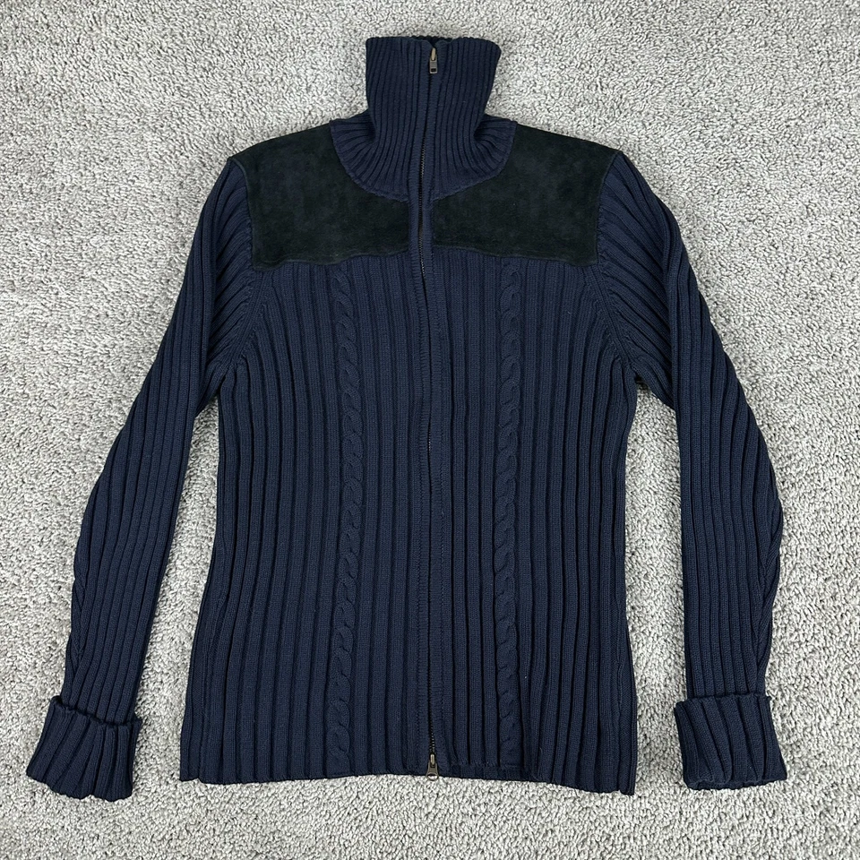 Denim & Co Sweater Womens Large Black leather Trim Turtleneck Cardigan Zip Up - Image 2 of 4