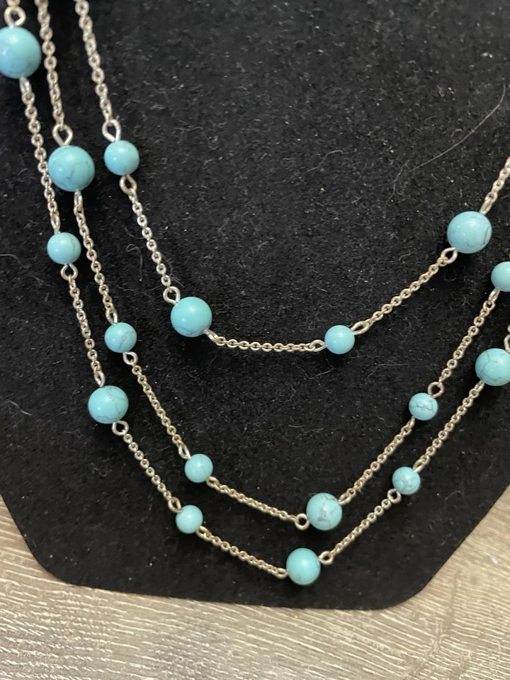Collar Chaps Plata Multi Hilos Turquesa Cuentas Cadena En Capas Joyería Foto 2 de 4