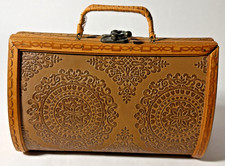 VTG Tooled Leather Wood Handbag Purse Rattan Handle Bohemian Boho Chic Nice Lock