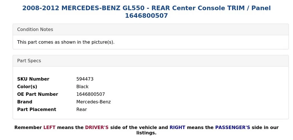 2008-2012 MERCEDES-BENZ GL550 - REAR Center Console TRIM / Panel 1646800507 - Image 4 of 4