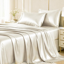 NEW Queen Satin Sheet Set, 4-Piece, 14" Deep Pocket, OEKO-TEX, Beige