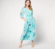 Destination 365 Women's Dress Sz M Floral Clip Dot Chiffon Maxi Blue A643232