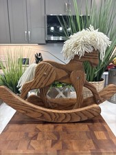 Wooden Doll Size Rocking Horse Pony White Yarn Mane Oak Kids Toy 12 1/2" Tall