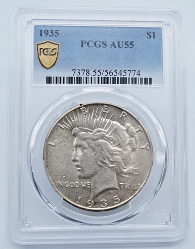 1935-P Peace Silver Dollar PCGS AU55 Gold Shield Label -  T277
