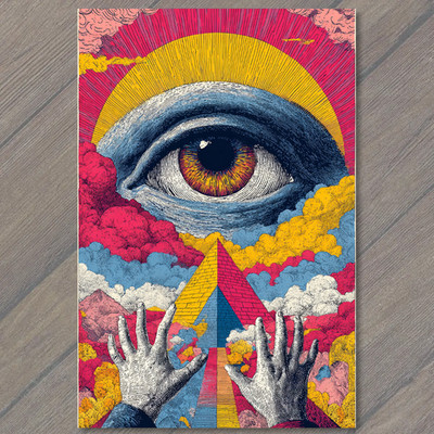 POSTCARD All Seeing Eye Pyramid Hands Surreal Colorful Psychedelic Vision Art