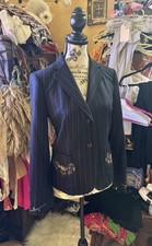 Vtg DKNY Donna Karan Navy Striped Beaded Blazer Jacket 8 S M 80s 90s Pockets