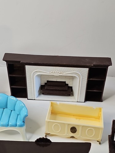 VTG Dollhouse Furniture 22-pc Lot Plasco 50s 60s Marx Mansion Blue Yellow Brown - Picture 10 of 17