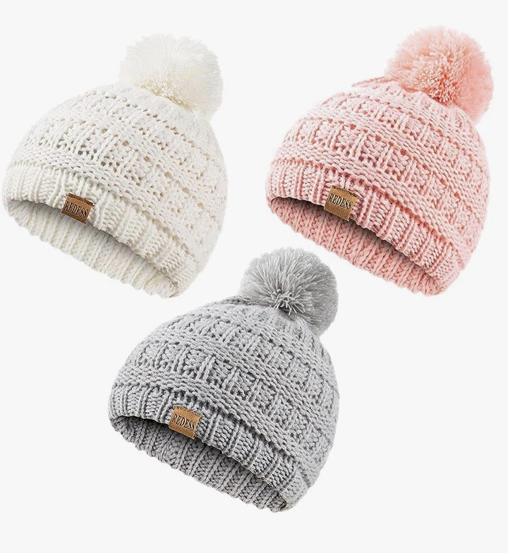 3 Pack Kids Winter Warm Hats,Infant Toddler Pom Pom Beanie Knit Cap One Size0-3T