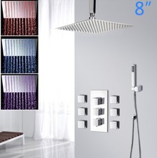 8 Inch LED Bathroom Shower Head Hand Spray 6 Massage Jets Mixer Tap Faucet Set
