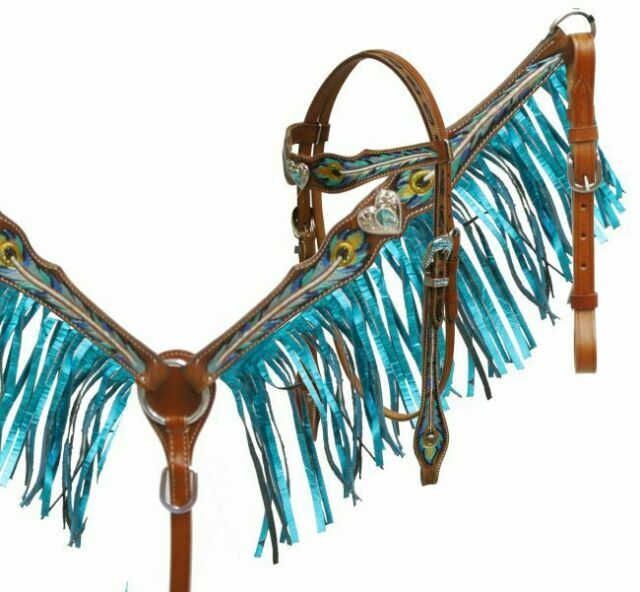 Showman Bridle Breast Collar Set Teal Painted Peacock Feather Conchos