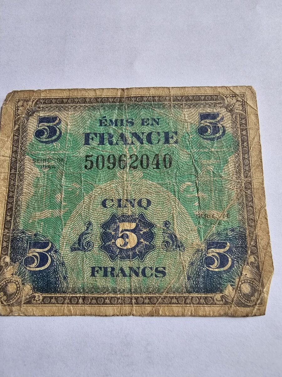 未使用 1944年 フランス 軍票 France 5 フラン francs 紙幣 1944, 5 Francs France Allied Military Currency High Value