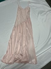 Beautiful Vintage Pink Nightgown Lingerie Small Lace Silky Dress side slit