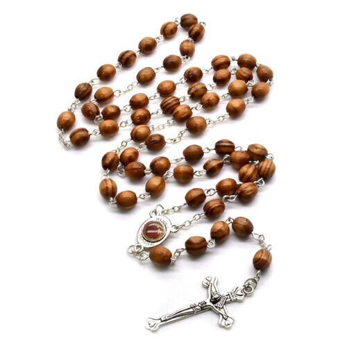 Retro Pine Wooden Rosary Beads Necklace Women Cross Jesus Pendant Religious Gia5