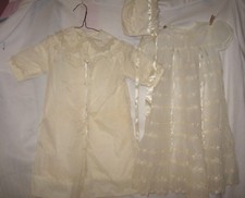 Antique Ivory Christening Set with Sheer Eyelet Dress Gown, Coat  Hat