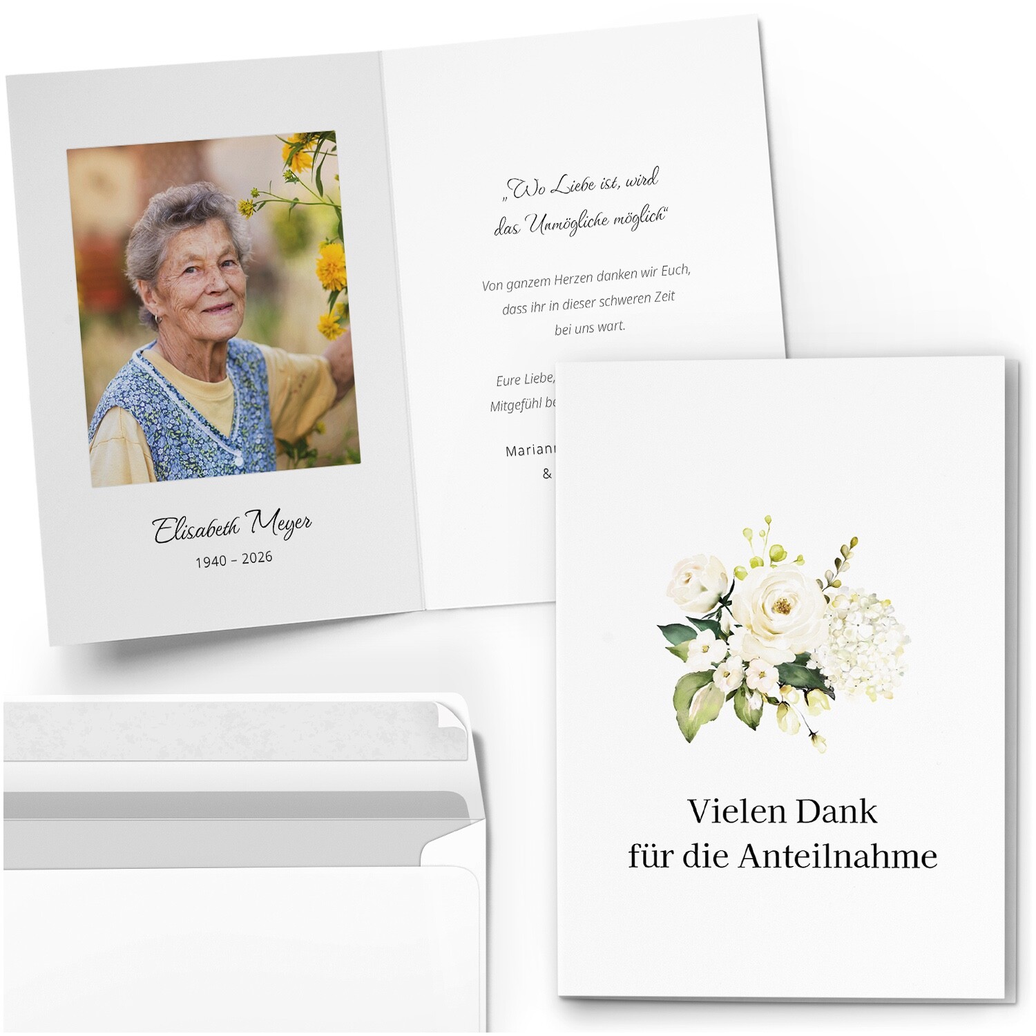 Trauer Danksagung Karte 10 Klappkarten mit Umschlag Text Foto Danke Blumen