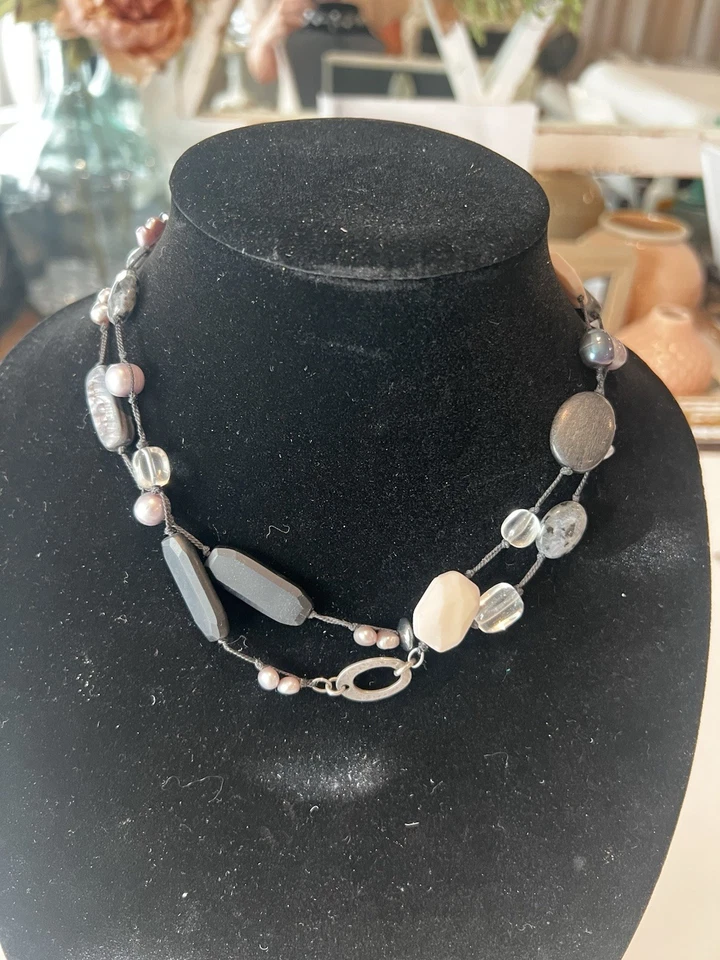 "Collar de piedras preciosas mixtas Silpada cuentas de hematita, perlas y ágata 17""" Foto 3 de 4