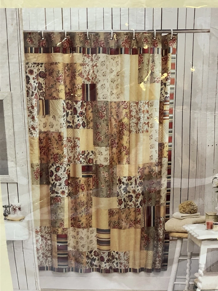 Cortina de Ducha French Country Marrón Verde Tela Floral Cabaña Simplemente Hecha a Mano Foto 3 de 4