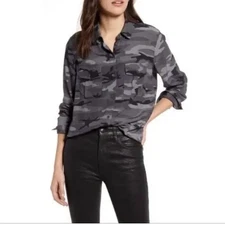 Rails Rhett Charcoal Gray Silk Camo Button Down Long Sleeve Blouse Top Small