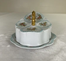 Vntg Hand Painted Floral And Gold Wedge Covered Butter Cheese Keeper Dish Signed