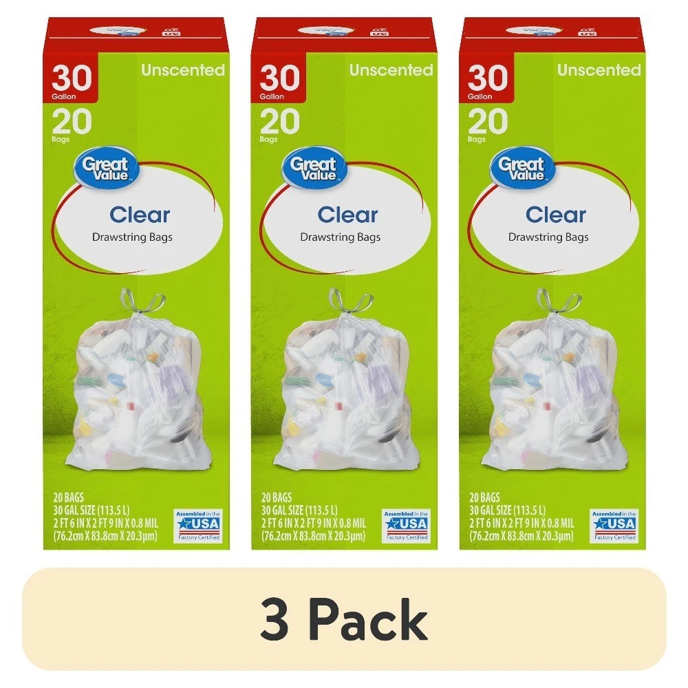 30 Gal Large Clear Drawstring Trash Bags, 20 Count, 3 Pack