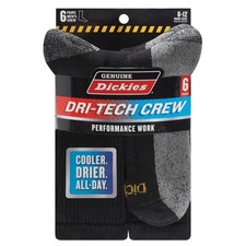 6 Pack Genuine Dickies Mens Dritech Crew Socks Moisture Control Black Size 6-12