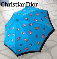 Rare Christian Dior Vintage Jewelry Print Folding Umbrella Blue Elegant