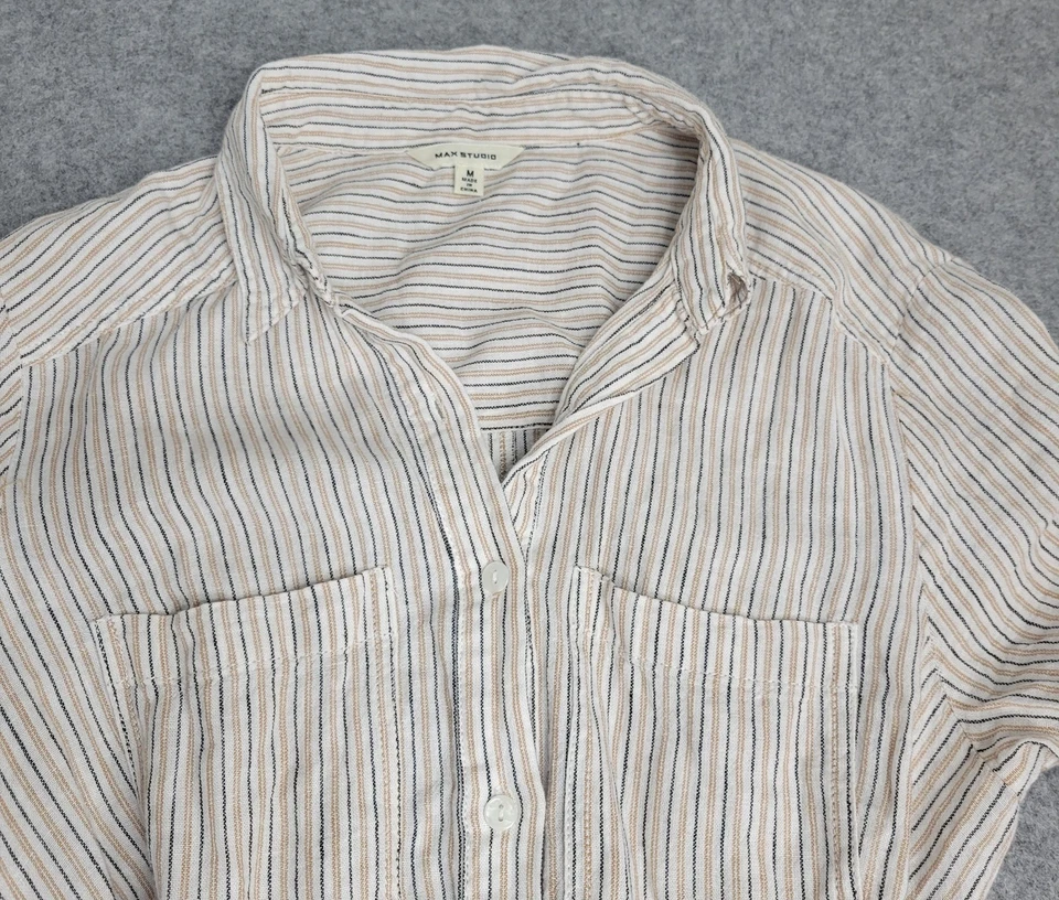 Vestido Max Studio Feminino Médio Bege Listrado Linho Mescla Cinto Camisa Midi - Imagem 3 de 4