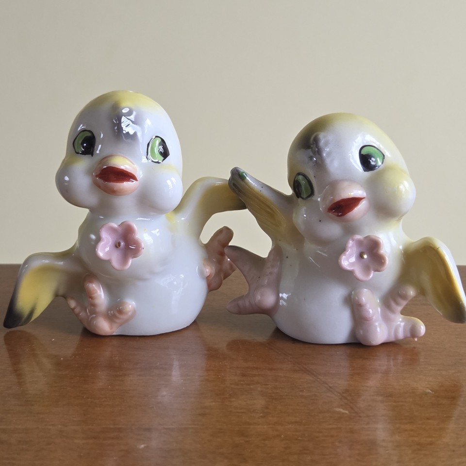 Kitschy anthropomorphic bird shakers from Corvallis, Oregon — the kind of mid-century whimsy that makes any kitchen shelf instantly more interesting.