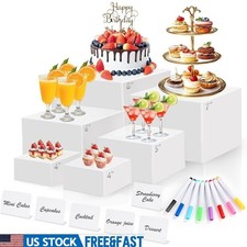 6PCS White Acrylic Buffet Risers Set W/ Mini Signs Food Display Stands New