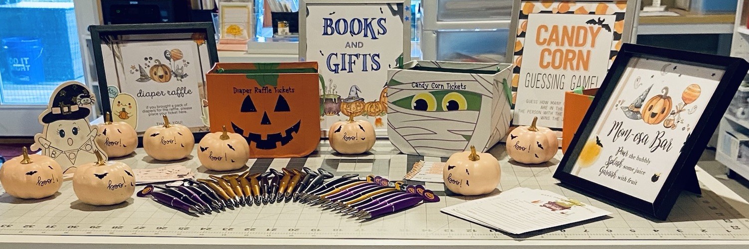 HUGE LOT Baby Shower Fall-Halloween-Pumpkins, Ghosts, Raffle Signs, Game Cards