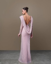 Evening Dress Sparkling Sequins VNeck Sheer Long Sleeve Pleat Empire Party Dress