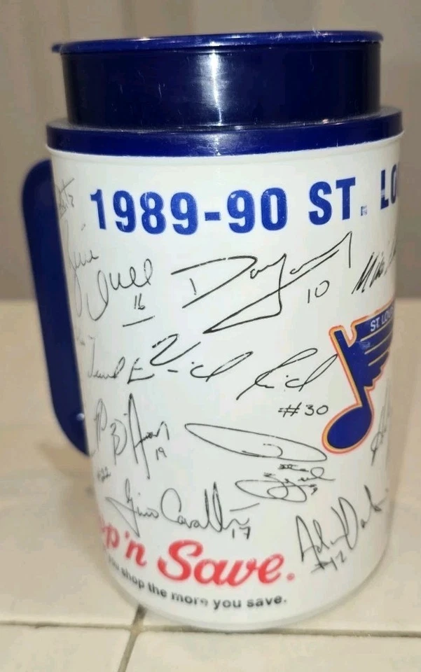 Taza térmica St. Louis Blues 1989-1990 impresión autógrafa café viaje 22 oz. Taza Foto 2 de 4