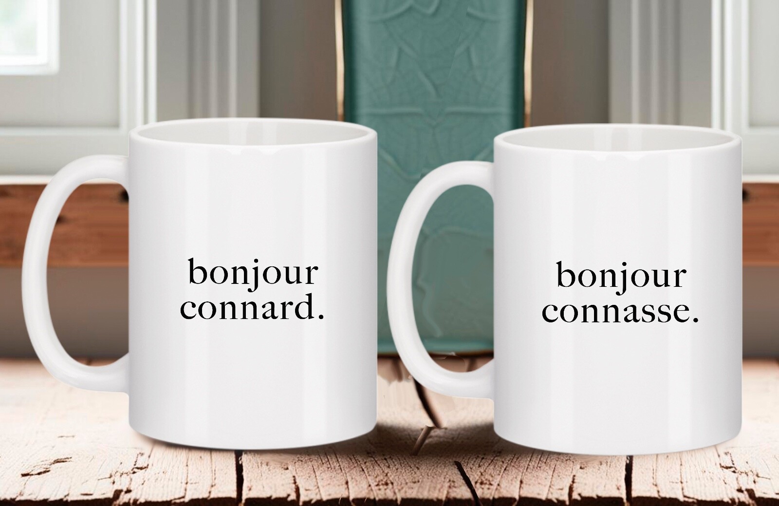 Mug Bonjour Connard et Connasse le cadeau de mariage ou crémaillère drôle en lot de 2
