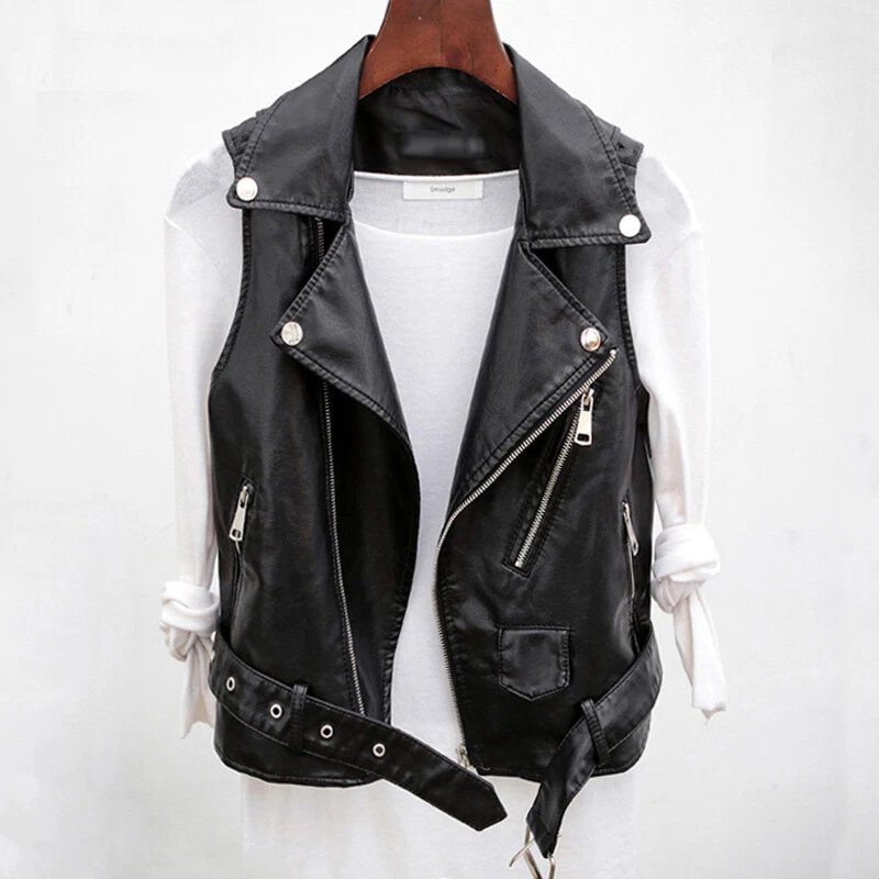 Ladies Womens Faux Leather Waistcoat Sleeveless Jacket Coats Gilet Biker |  eBay