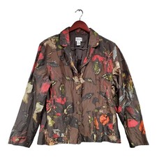 Chico s Jacket Womens Brown Floral Button Up Poly Silk Metallic Lined Sz 2 US L