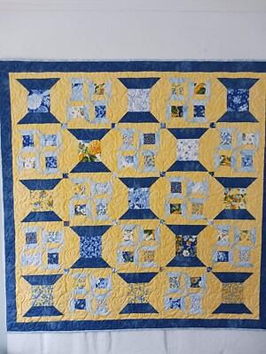 Handmade Quilt ''Happy Spools'' Blue/Yellow Quilt 60 x60 NEW