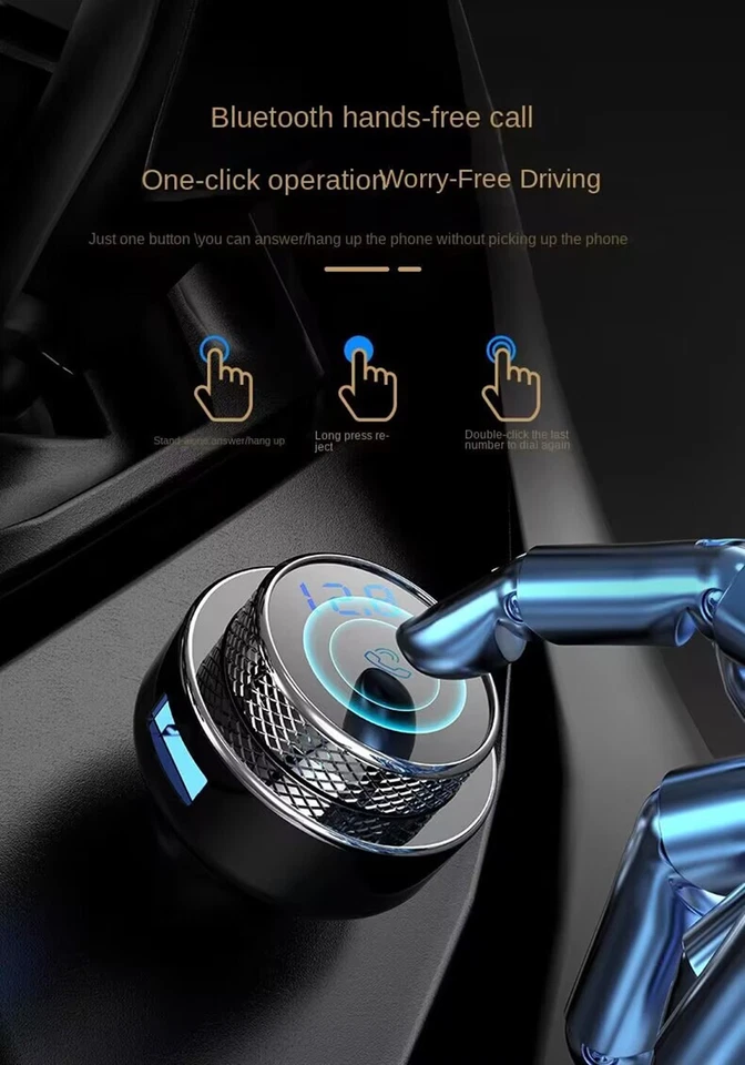 Cargador inalámbrico para automóvil Bluetooth transmisor FM encendedor de cigarrillos adaptador USB doble Foto 3 de 4