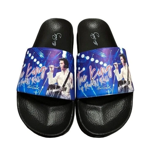 صنادل زرقاء جديدة من Elvis Presley Slip On Lights Guitar Flip Flops مقاس 6 إلى 7 NIP Photo