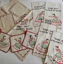 Rare VTG 10 PIECE KITCHEN LINEN SET Each Day WORK TASKS Cross Stitch RED Darling
