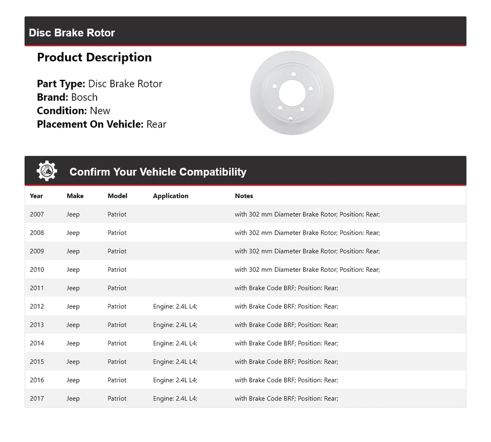 Rotor de freno de disco trasero QuietCast Bosch 2007-2017 Jeep Patriot Bosch 2008 2009 2010 Foto 2 de 4