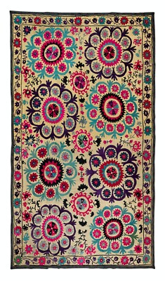 6x9.6 Ft Silk Embroidery Throw. Floral 1970s Suzani Tapestry. Uzbek Wall Hanging