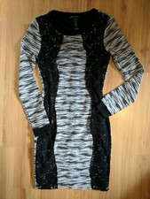 Three Pink Hearts Dress Size S Black/White Long Sleeves Contrasting Black Lace