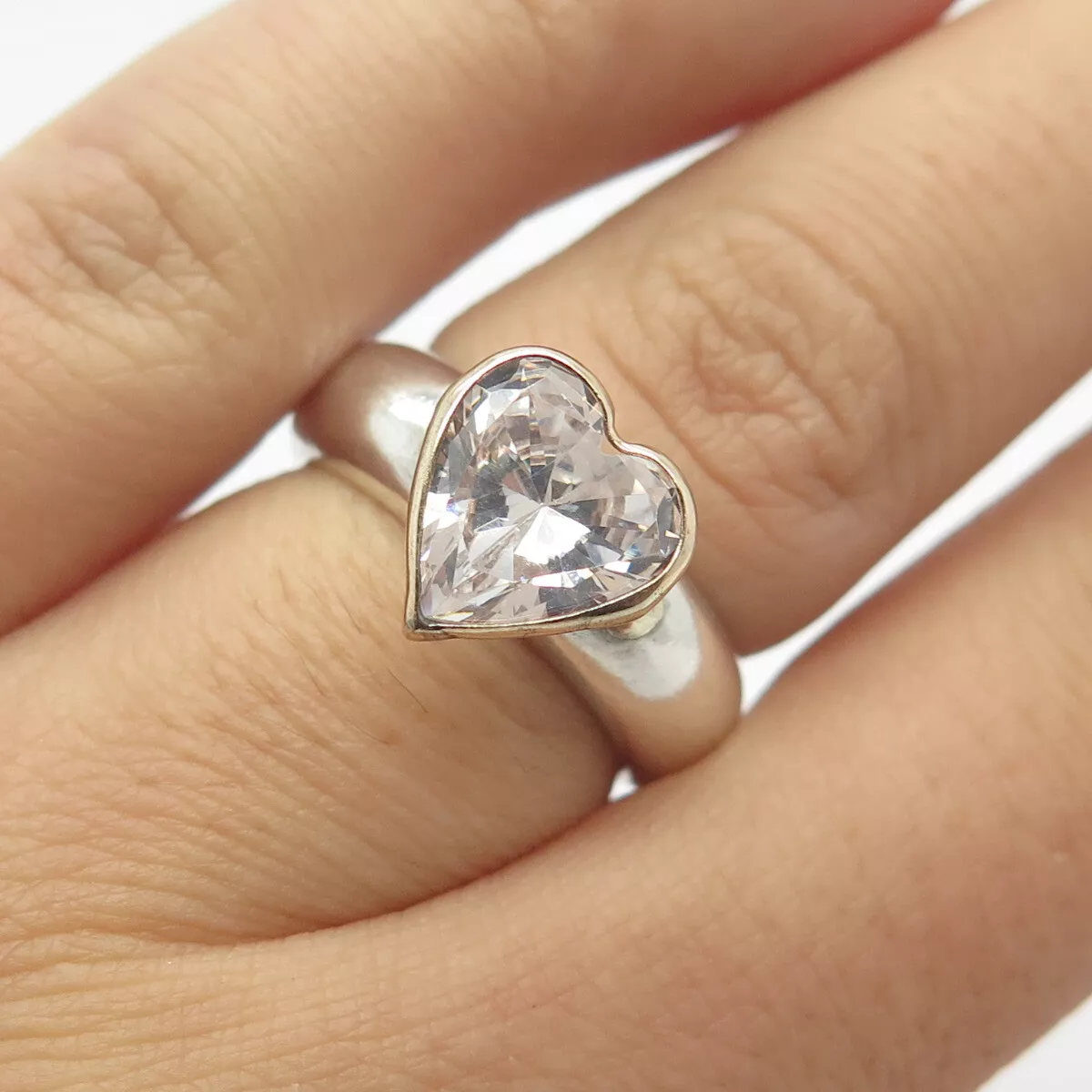 925 Sterling Silver 14K Gold Vintage C Z Heart Ring Size 5.75