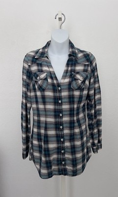 Fire Los Angeles Women s Plaid Collar V-Neck Button Down Cotton Shirt Medium