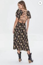 Forever 21 Floral Lace Back Satin Midi Dress Puff Sleeve Size M