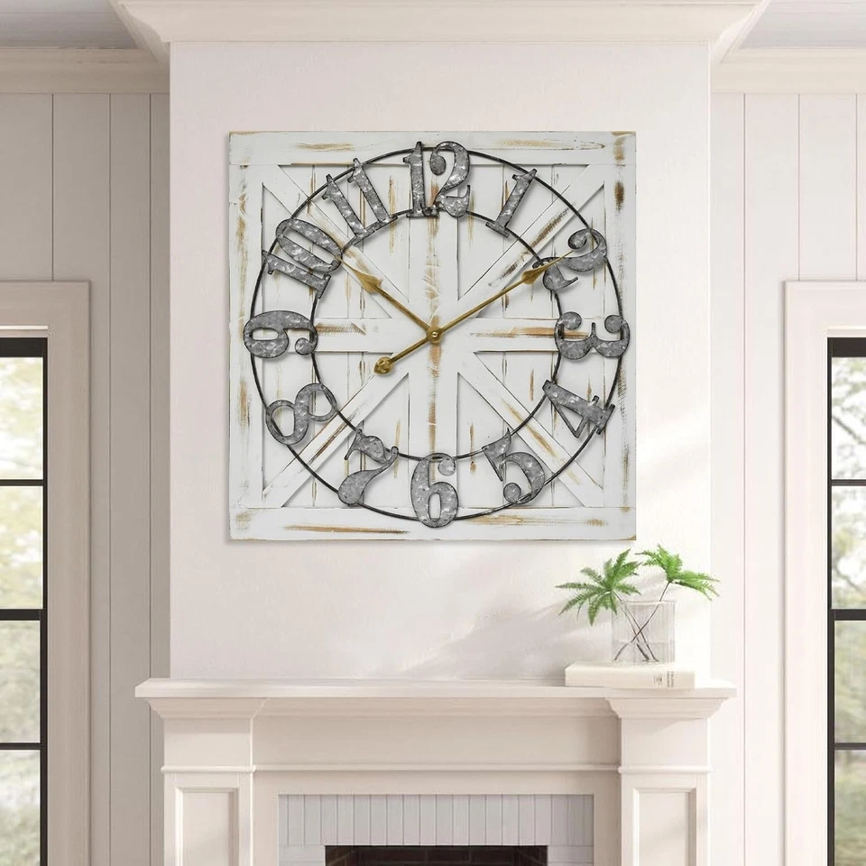 Large Farmhouse Wall Clock – 24 Inch Square Rustic Wooden Clock with  - Image 2 of 4