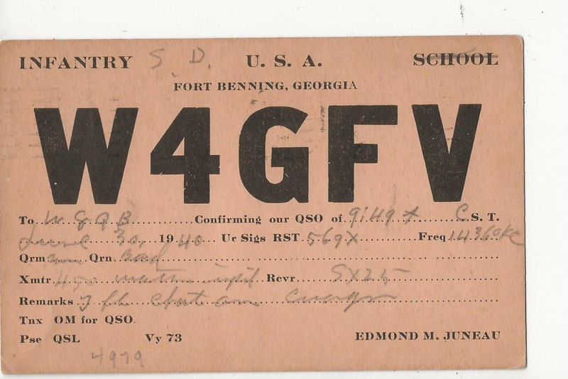 1940  W4GFV Infantry  Fort Benning Georgia    QSL radio postcard