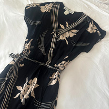 Vtg David Howard Art Deco Tropical Floral Tie Midi Dress Black Resortwear READ